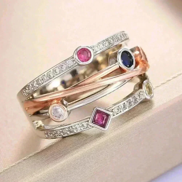 Gorgeous 14k Rose Gold Sterling Silver Diamond Multi Precious Stone Ring - Picture 6 of 8